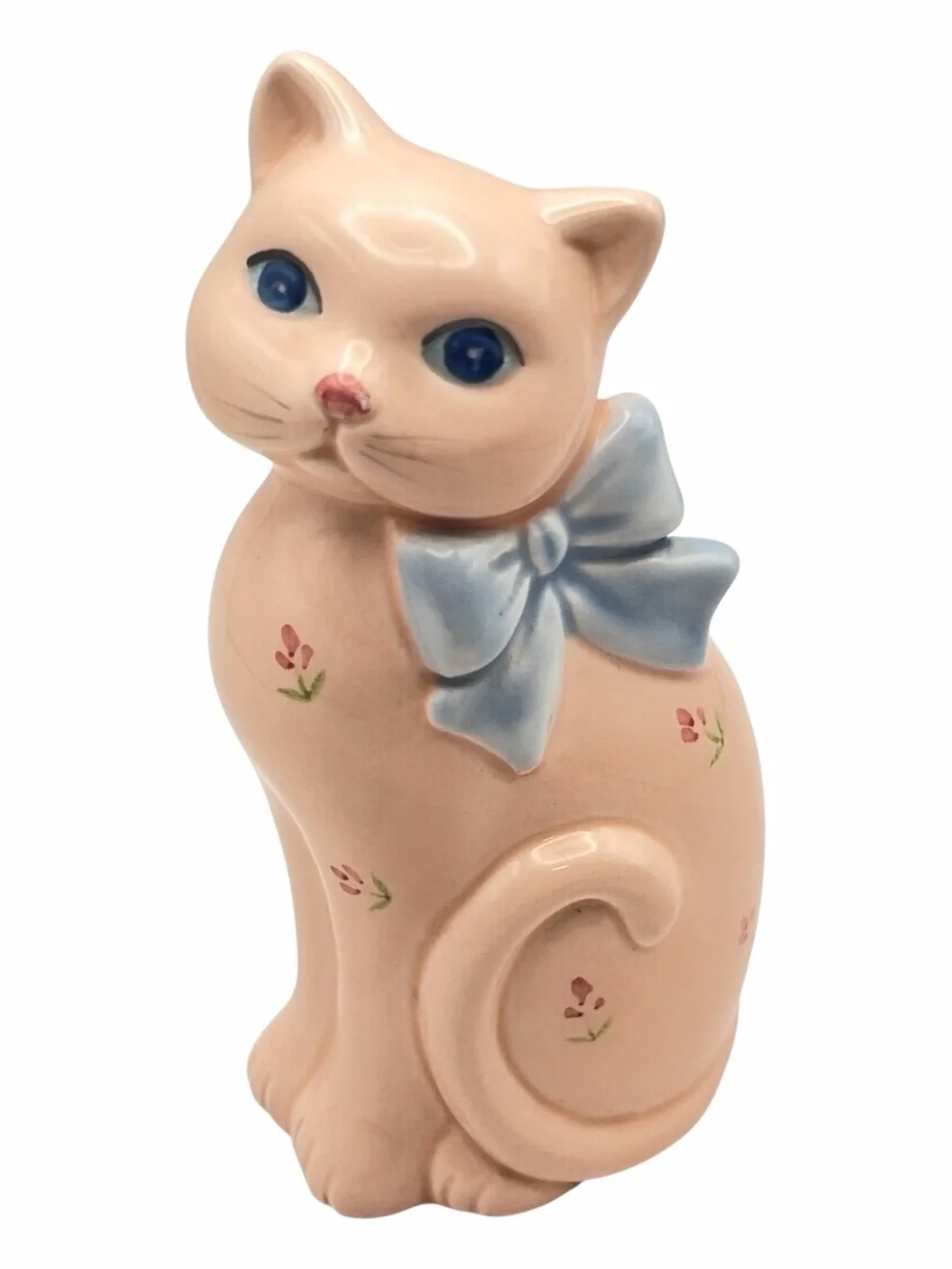 Vintage Takahashi Pink Cat Vase Blue Eyes Blue Bow Ceramic Floral Kitty Planter